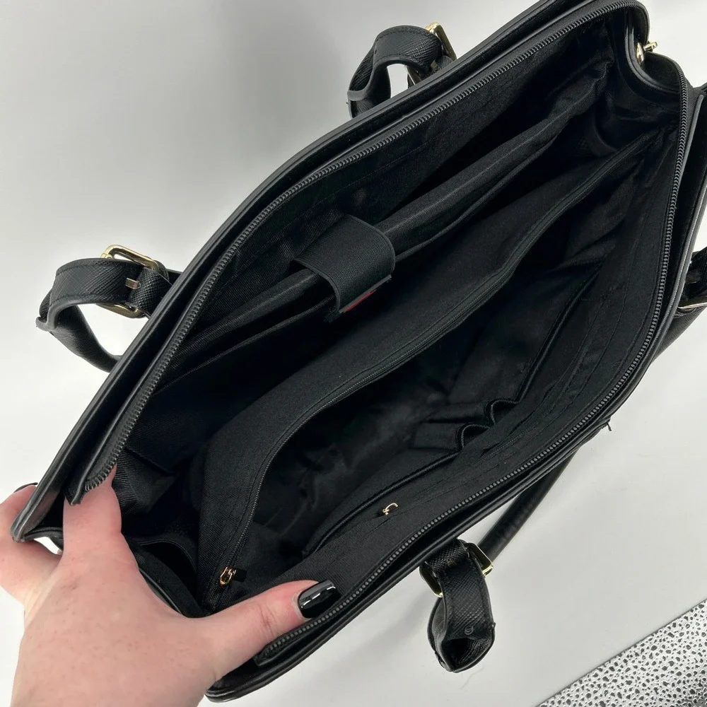 Black Saffiano Faux Leather Laptop Strap Tote Commuter Bag Work Briefcase Travel